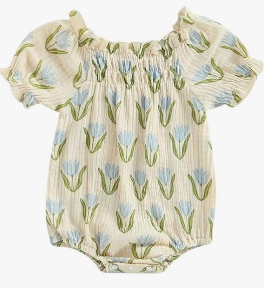 thumbnail image 2 of Infant Baby Girls Bubble Romper Plaid Short Puff Sleeve Bodysuit Smocked One Piece Clothes With Headband Set Summer Outfits 2 of 11